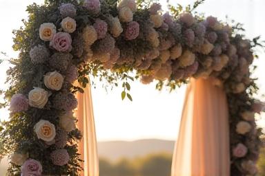 Altar de boda decorado con flores en tonos crema y púrpura